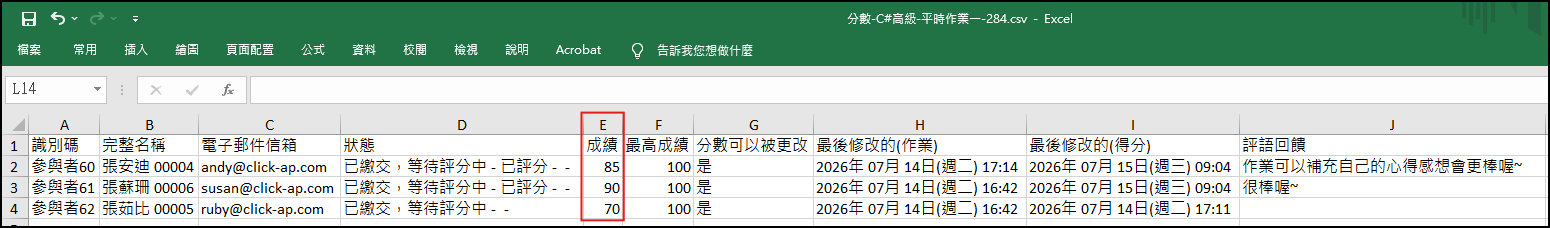 試算表輸入成績畫面