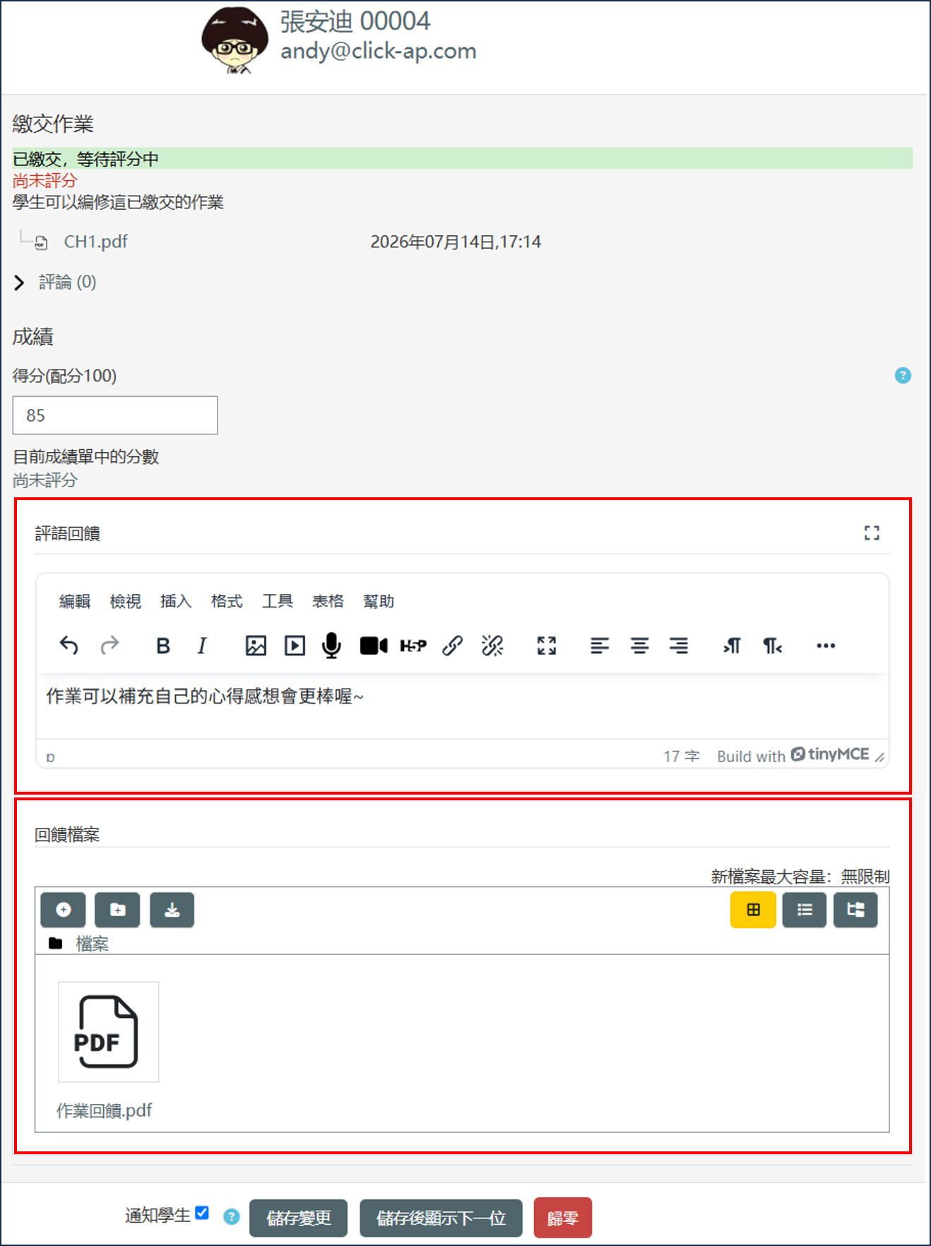 提供評語回饋或回饋檔案畫面