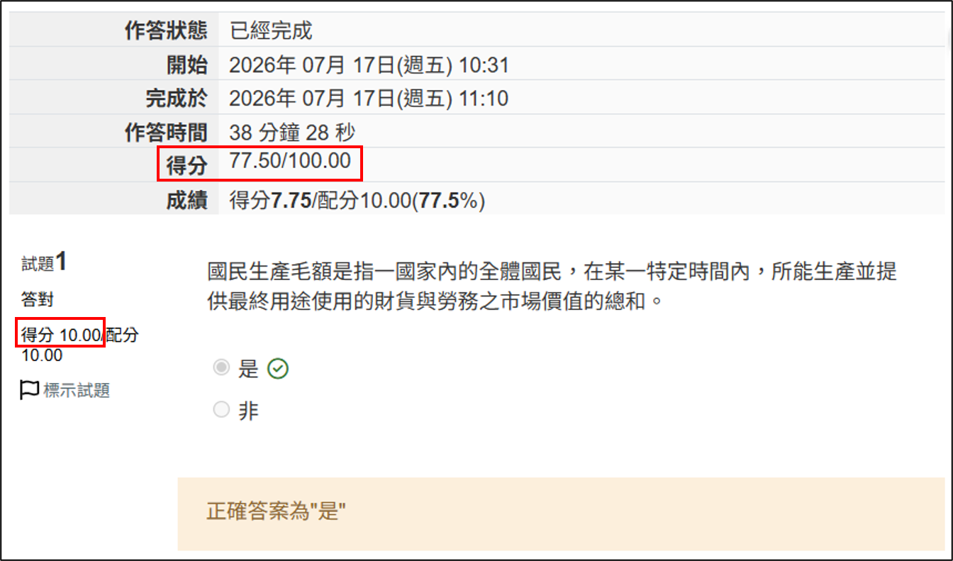 得分每題與整體分數畫面
