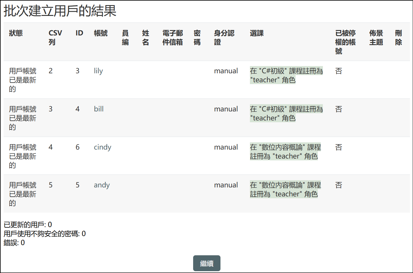 建立結果會顯示成功或失敗