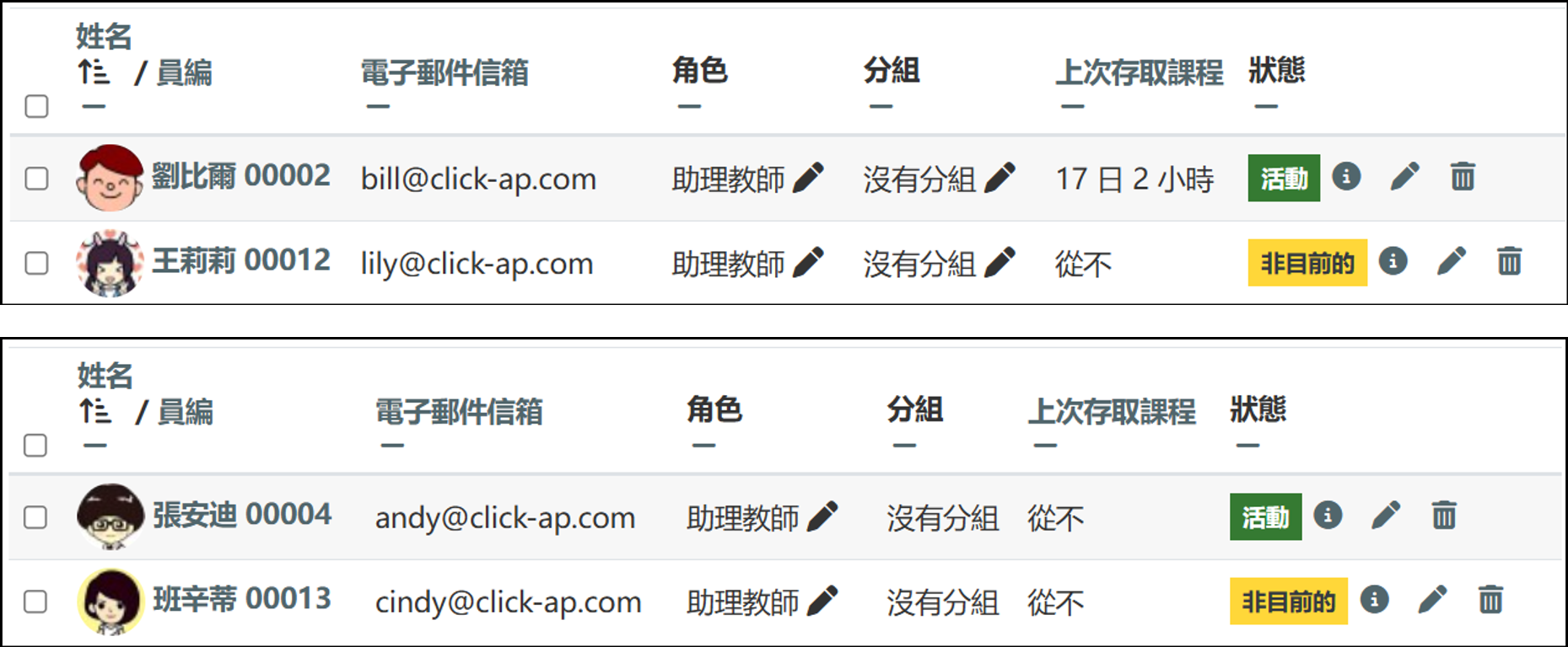 課程成員名單畫面