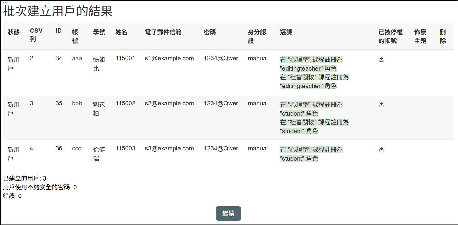 成功建立新用戶畫面