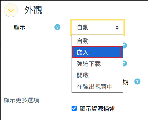 新增檔案的設定頁面外觀選擇嵌入
